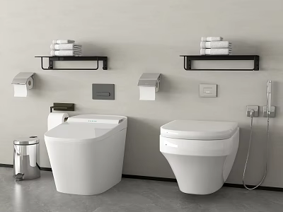 Modern Bathroom Interior With Two White Toilets Towel Racks And Toilet Paper Holders 3d model
