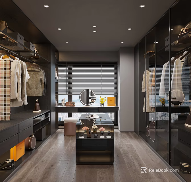 Modern Walk in Closet Interior Design With Glass Door Cabinets Clothing Racks And Central Table 3d model 