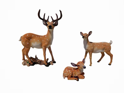 Set of Deer Figurines with Adult Doe Fawn and Twig Base Decoration 3d model