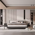 Modern Minimalist Bedroom Interior Design With Striped Wall Black Leather Chair Bookshelves And Rug