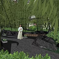 Residential Landscape With Arched Canopy Bamboo Pathway Water Fountain And High Rise Buildings