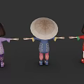 Three Cartoon Game And Movie Girl Characters In Different Colored Traditional Outfits With Hats