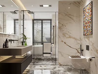Modern Bathroom With Marble Walls Glass Shower Sink And Artwork 3d model