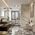 Modern Bathroom With Marble Walls Glass Shower Sink And Artwork