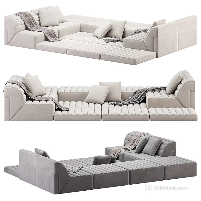 Light Gray Modern Modular Sectional Sofa With Soft Cushions And Throw Blanket 3d model