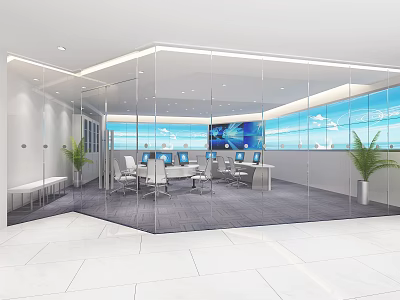 Modern Control Room Interior Design With Glass Walls Computers Large Monitors Desks And Plants 3d model