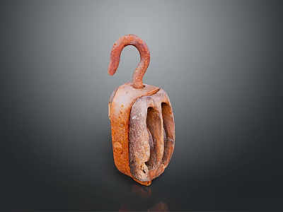 Vintage Rusty Metal Pulley With Curved Hook And Open Frame 3d model