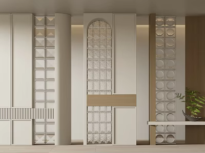 Modern Interior Partition Featuring Laser Cut Geometric Patterns And Light Wood Finish 3d model