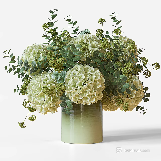 Fresh White Hydrangea Arrangement in Light Green Gradient Vase with Eucalyptus Leaves 3d model 
