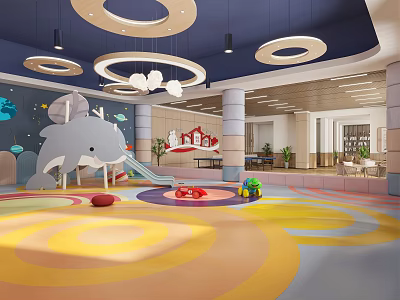 Kids Playroom Interior With Elephant Slide Colorful Circular Flooring And Round Pendant Lights 3d model