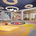 Kids Playroom Interior With Elephant Slide Colorful Circular Flooring And Round Pendant Lights