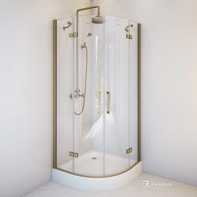 Contemporary Shower Sauna Space With Glass Enclosure Gold Fixtures And White Tiles 3d model 