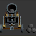 Antique Cannon With Blue Metal Barrel Wooden Carriage And Iron Cannonballs
