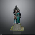 Medieval Knight Statue Wearing Armor Holding Green Shield On Stone Base
