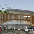 Modern Sales Office Building With Wooden Strip Facade Green Roof And Plaza With Pedestrians Cars