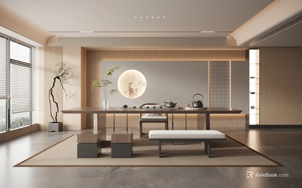 Modern Minimalist Tea Room Interior With Wooden Circular Moon Decor Tea Sets Table And Bench 3d model 