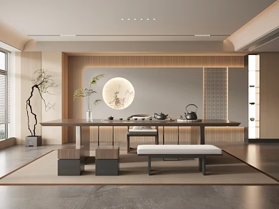 Modern Minimalist Tea Room Interior With Wooden Circular Moon Decor Tea Sets Table And Bench 3d model