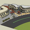 Modern Commercial Street Plaza With Curved Buildings Outdoor Seating And Fountain