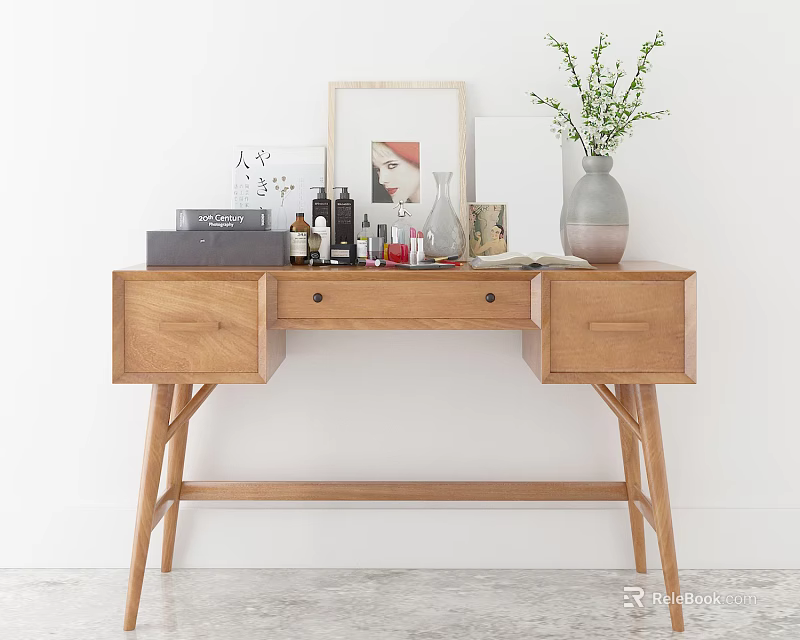 Elegant Wooden Dresser with Skincare Products Cosmetics Vase and Photo Frame 3d model 