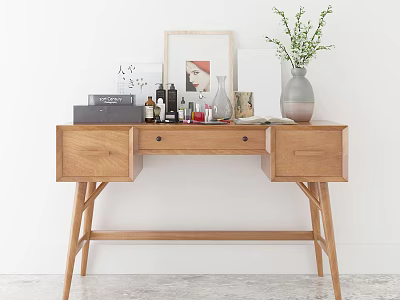Elegant Wooden Dresser with Skincare Products Cosmetics Vase and Photo Frame 3d model