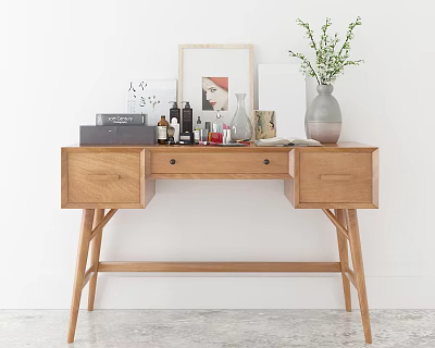 Elegant Wooden Dresser with Skincare Products Cosmetics Vase and Photo Frame 3d model