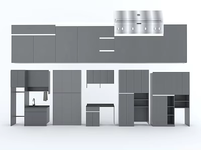 Modern Gray Kitchen Cabinet Design With Various Storage Units And Shelves 3d model