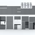 Modern Gray Kitchen Cabinet Design With Various Storage Units And Shelves