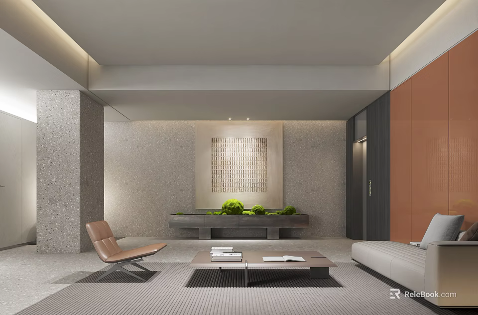 Modern Minimalist Service Hall Interior With Sofa Chair And Decor 3d model 