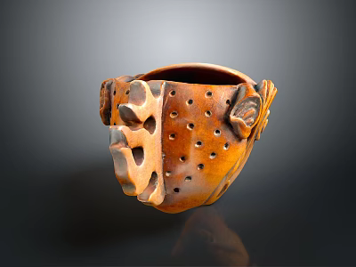 Handcrafted Brown Ceramic Decorative Container With Hollow Design And Floral Ornament 3d model