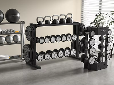 Home Gym Setup With Kettlebells Dumbbells Weight Plates Medicine Ball And Racks 3d model