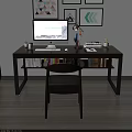 Modern Home Office Desk With Computer Lamp Books Small Plant And Decorative Paintings