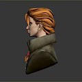 3D Female Character Bust With Orange Braided Hair Dark Turtleneck Buttoned Coat And Necklace