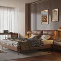 Warm Bedroom With Brown Leather Headboard Quilt Pillows Nightstand Lamp Paintings And Book On Carpet