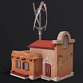 Cartoon Scene Featuring Small House With Red Roof Orange Walls Awning Windmill Table And Chairs