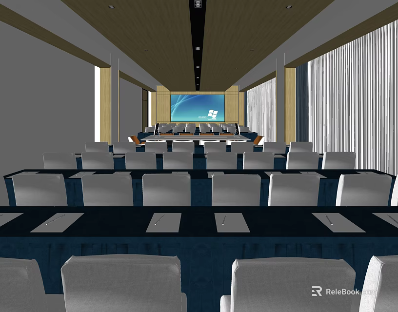 Modern Conference Room With Large Screen Display Arranged Tables And Wooden Ceiling 3d model 