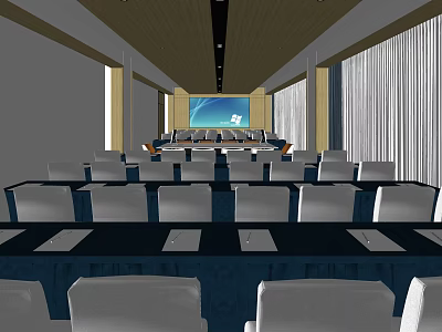 Modern Conference Room With Large Screen Display Arranged Tables And Wooden Ceiling 3d model