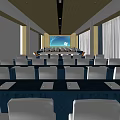 Modern Conference Room With Large Screen Display Arranged Tables And Wooden Ceiling