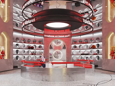 Modern Retail Store Interior Featuring Circular Shelves Red Gray Decor Central Counter And Display Items 3d model