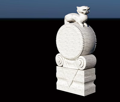 Stone Carved Garden Ornament With Animal Statue On Round Drum Base And Scroll Details 3d model