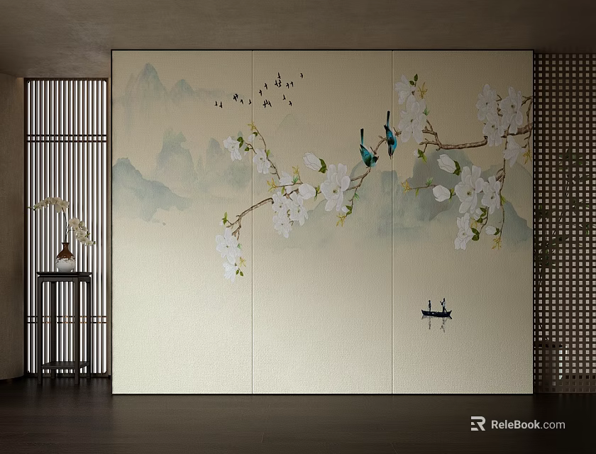 Elegant Chinese Style Wall With Mountain Water Flying Birds Blooming Magnolia Branch And Small Boat 3d model 