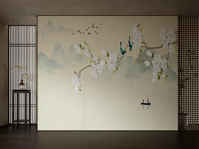 Elegant Chinese Style Wall With Mountain Water Flying Birds Blooming Magnolia Branch And Small Boat 3d model