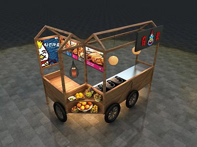 Wooden Street Food Cart With Menu Boards Fruits Snacks And Black Wheels 3d model