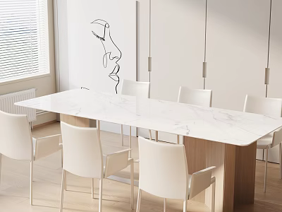 Modern Minimalist Dining Table Set with White Marble Tabletop Wooden Legs and White Chairs 3d model