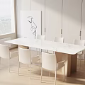 Modern Minimalist Dining Table Set with White Marble Tabletop Wooden Legs and White Chairs