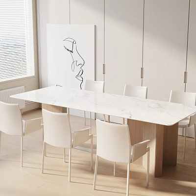 Modern Minimalist Dining Table Set with White Marble Tabletop Wooden Legs and White Chairs 3d model