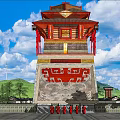 Ancient Chinese Architecture Traditional Tower with Red Roof Overhanging Eaves and Carved Base