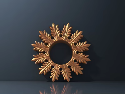 Golden Circular Ornamental Carved Art with Intricate Leaf Patterns for Wall 3d model