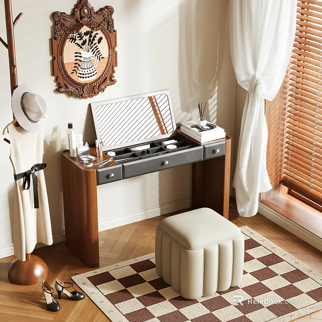 Wooden Dressing Table With Makeup Organizer Skincare Bottles And Beige Padded Stool Near Window 3d model 