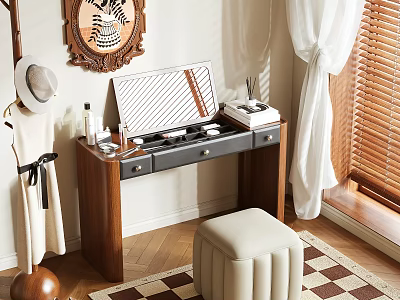 Wooden Dressing Table With Makeup Organizer Skincare Bottles And Beige Padded Stool Near Window 3d model