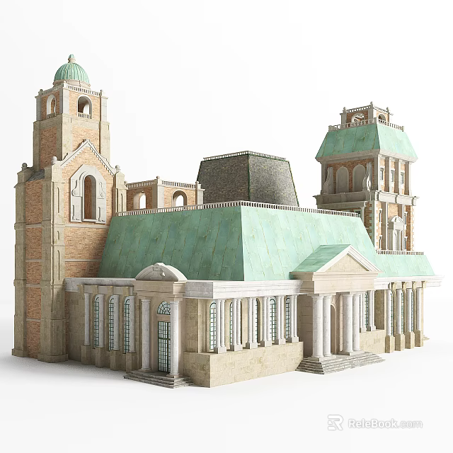 Historic Ancient Architecture With Green Roof Towers Arched Windows And Columns 3d model 